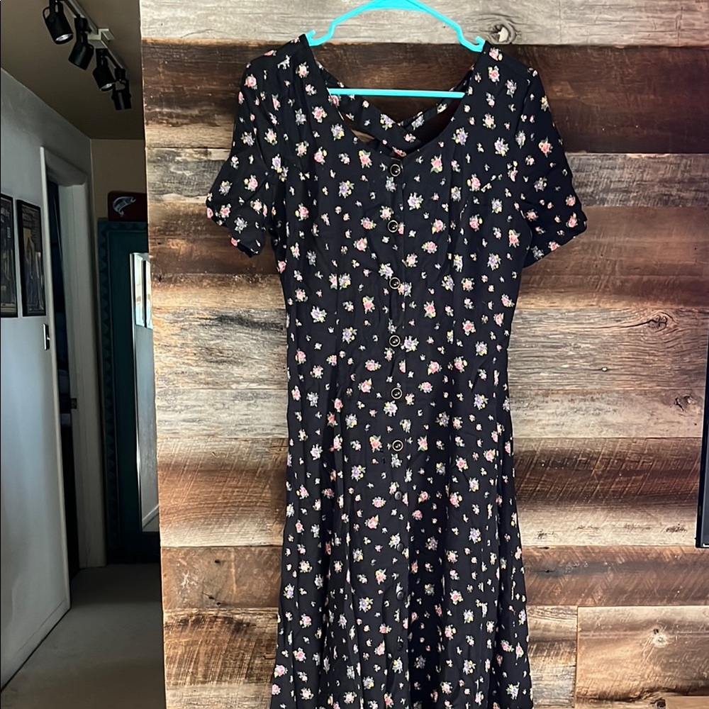 Blue A-Line Button Up Midi Dress with Floral Print